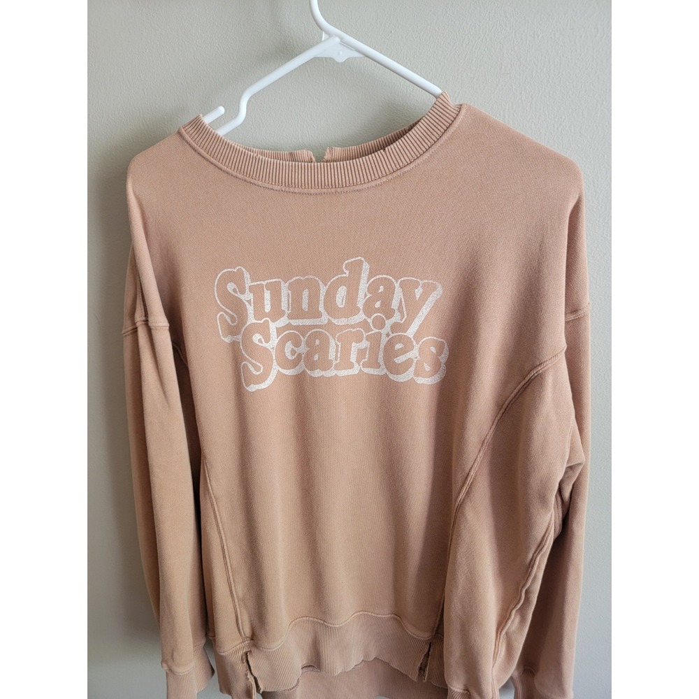 Aerie Women's Oversized Scary Sundays Graphic Sweatshirt XXS Tan Beige Crewneck